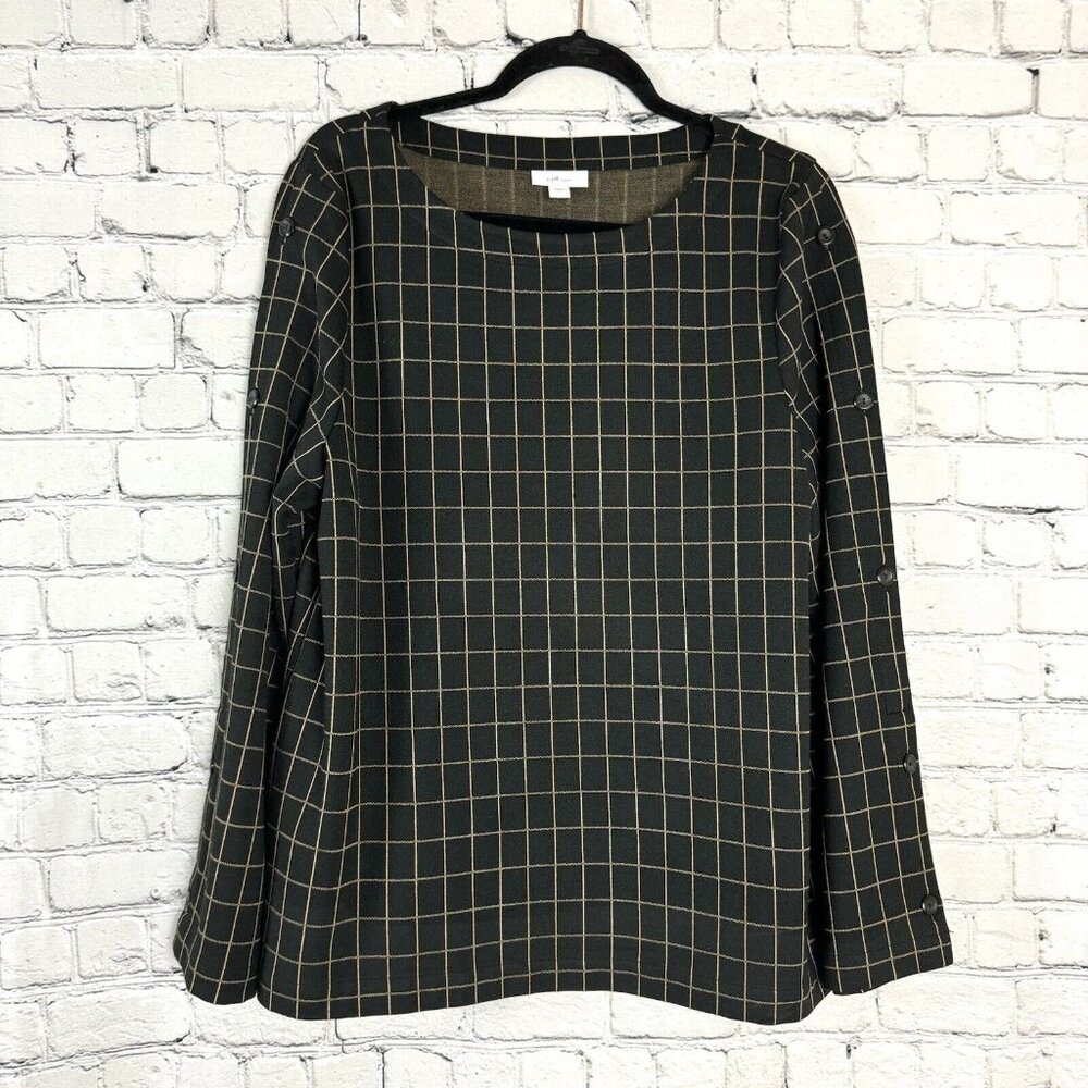 J Jill Ponte Button Sleeve Blouse Top Womens L Windowpane Plaid Pullover Tunic